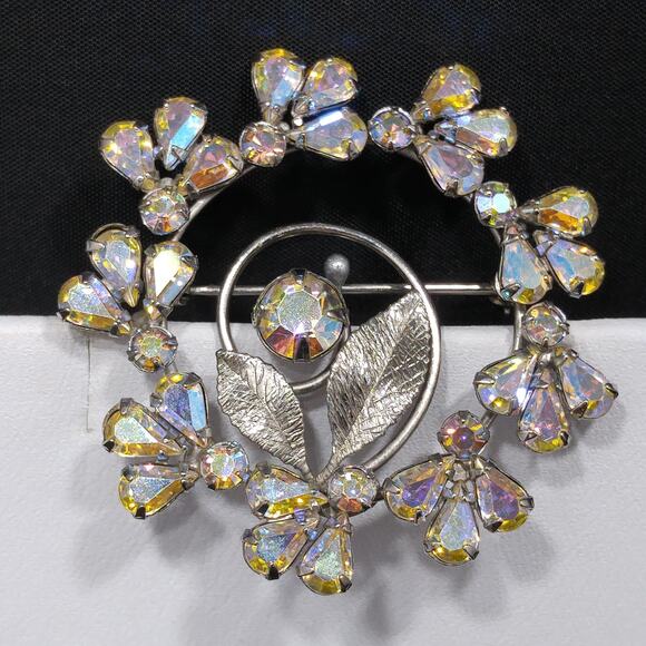 Vintage Sterling Silver Rhinestone Wreath Brooch, AB Rhinestones - Picture 3 of 10